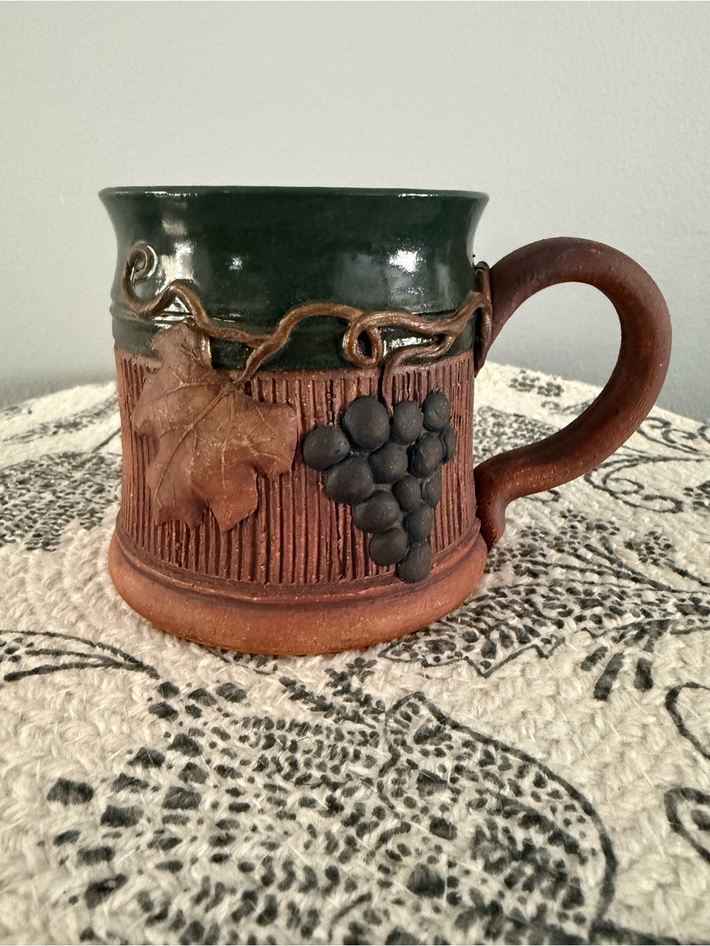 Rustic Grape Relief Ceramic Mug in Deep Green and Terracotta
